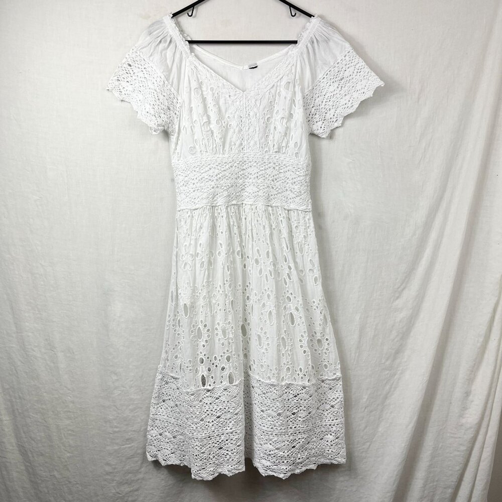 Lace Eyelet Flutter Sleeve‎ Midi Dress Womens Small Cottage White Crochet Boho